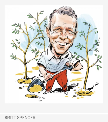 Drawn caricature of David Ezra Jay holding a shovel surrounded by seedlings